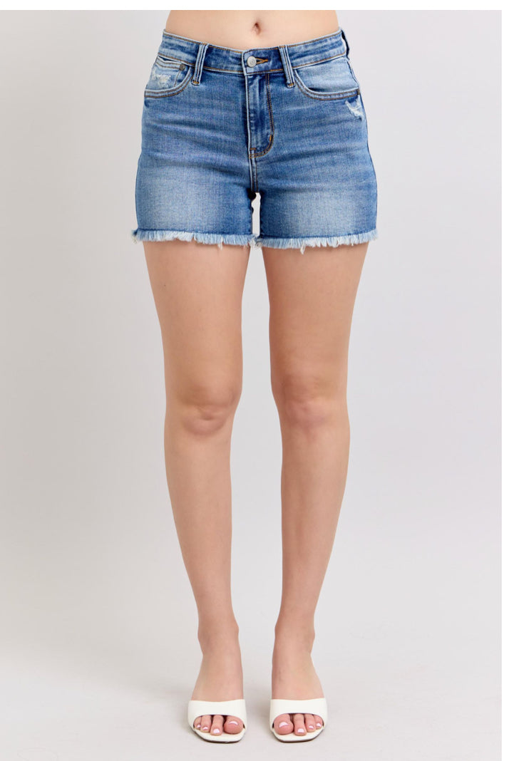 High Waist Vintage Wash Shorts with Fray Hem
