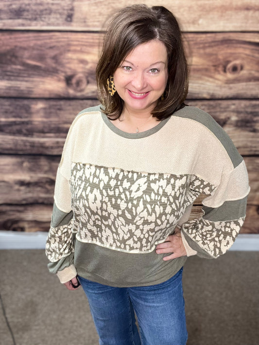 French Terry Loose Fit Pullover-Olive/Taupe