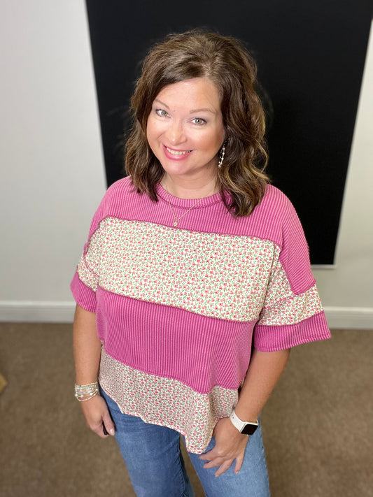 Ribbed Floral Color block Top, Fuchsia