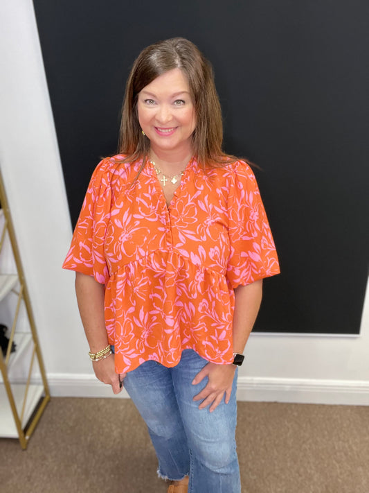 Bubble Sleeve Peplum Top, Orange