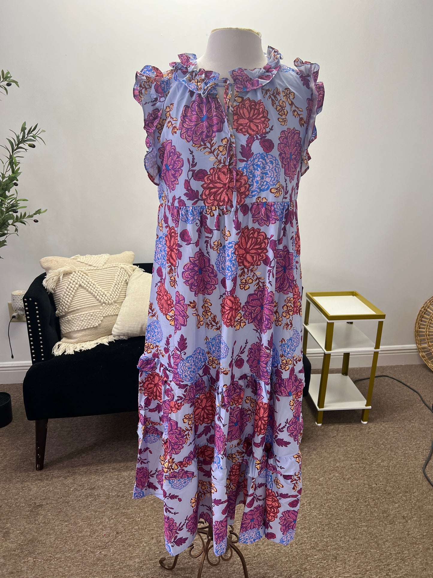 Floral Print Tiered Maxi Dress, Blue