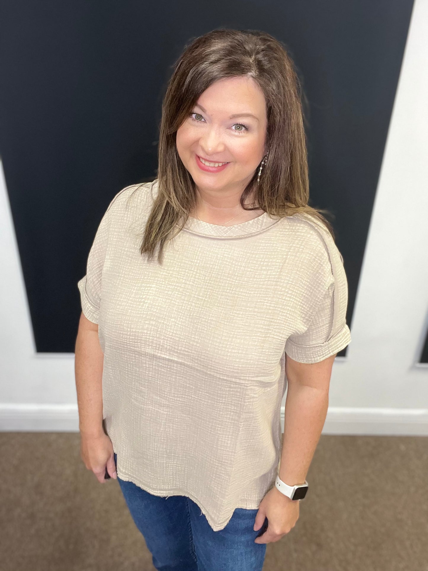 Acid Washed Double Gauze Round Neck Top, Ash Mocha