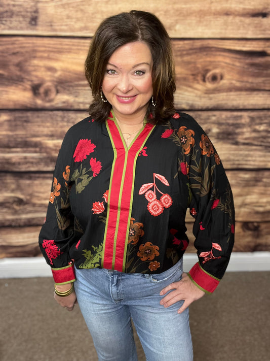 Floral Mandarin Collar Blouse, Black