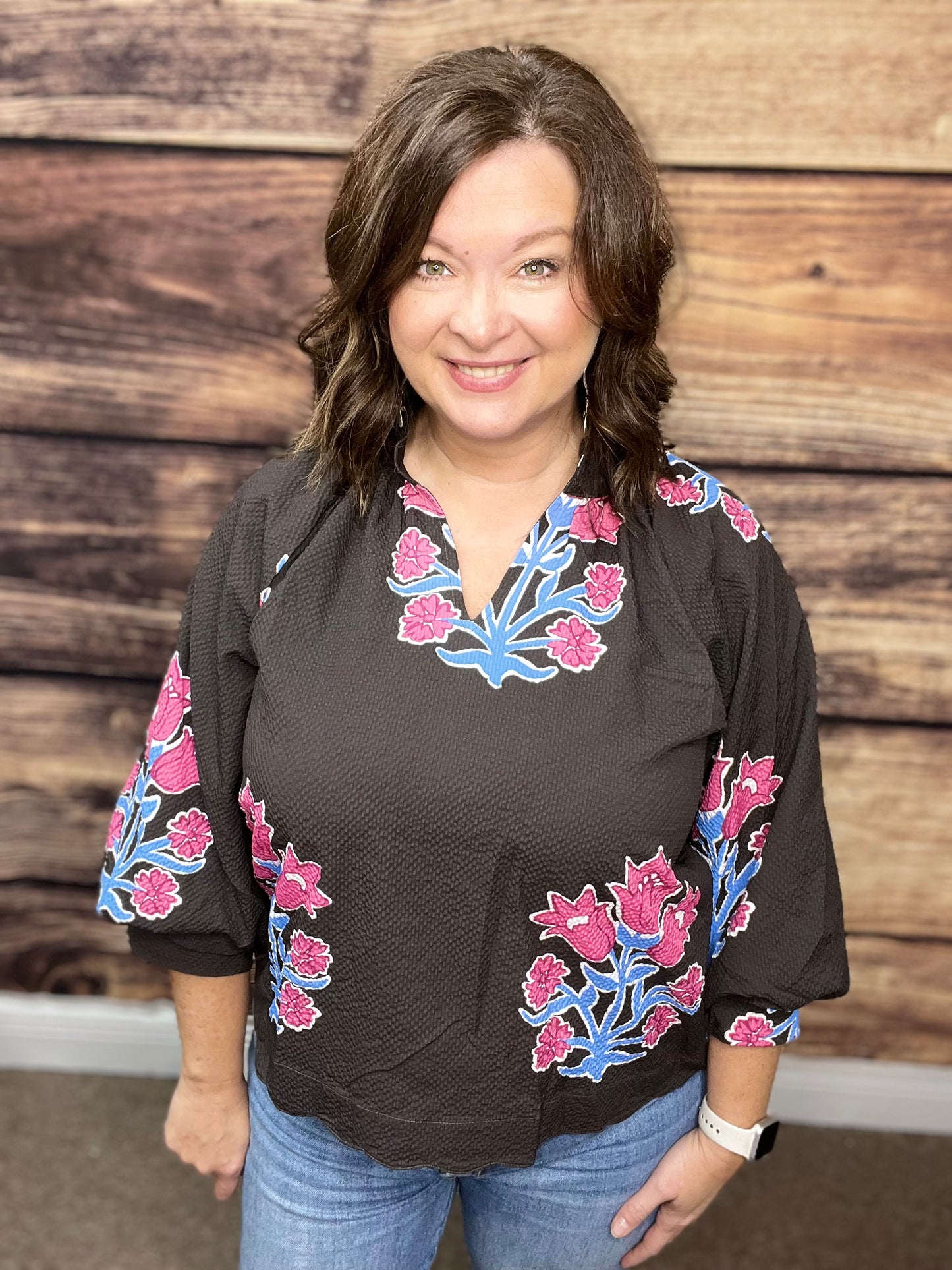 Bubble Sleeved Tulip Print Split V Neck Top, Chocolate