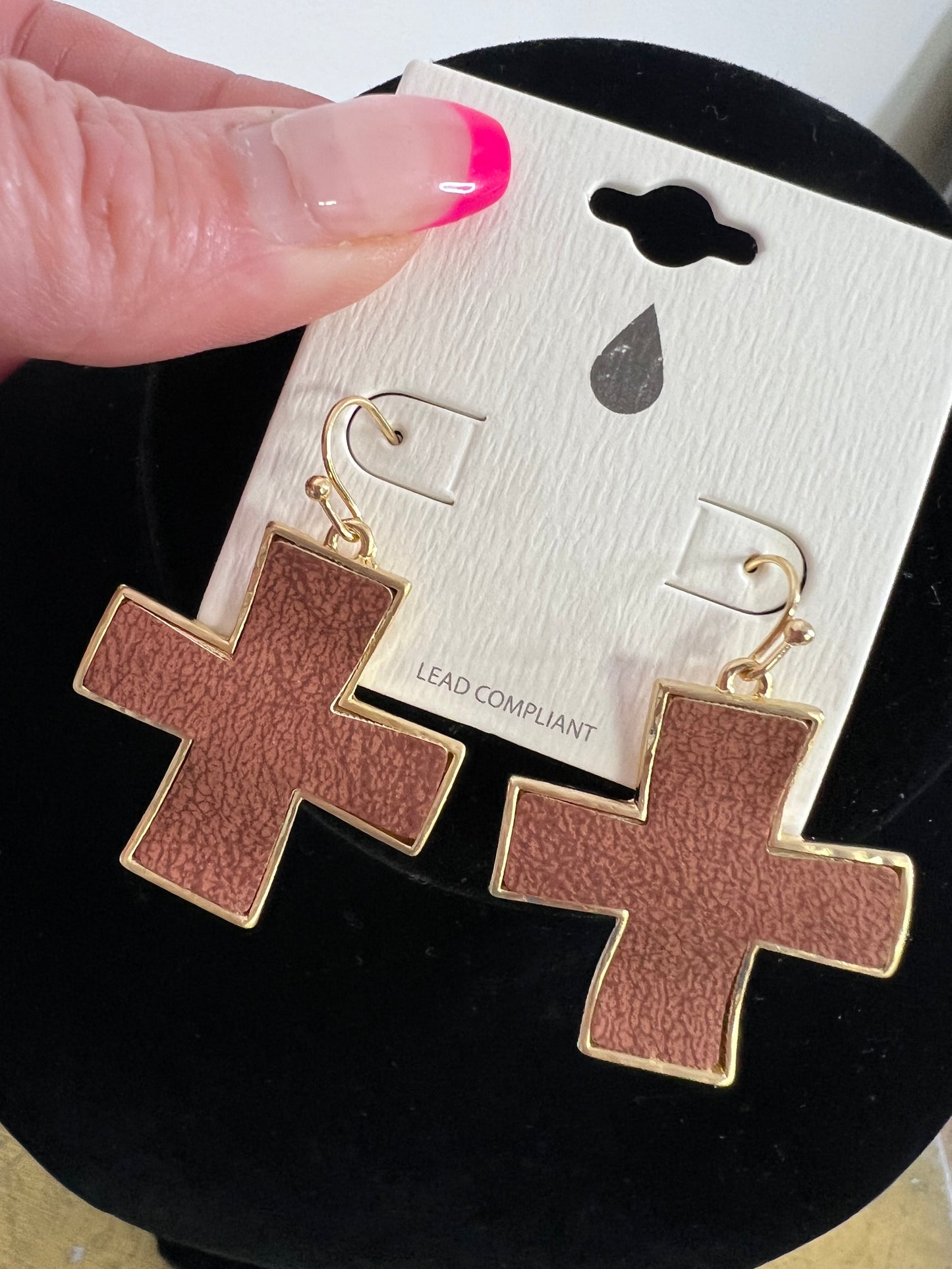 Gold Cross Earring-Fish Hook w/leather