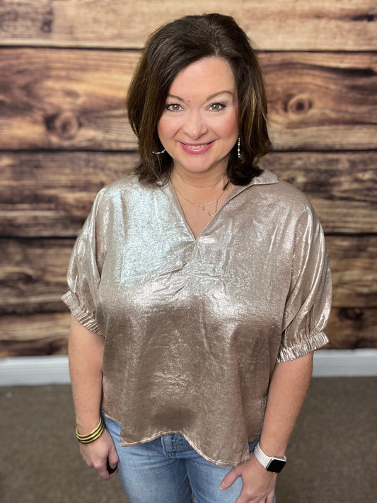 Metallic V-band dolman sleeve top-Champagne