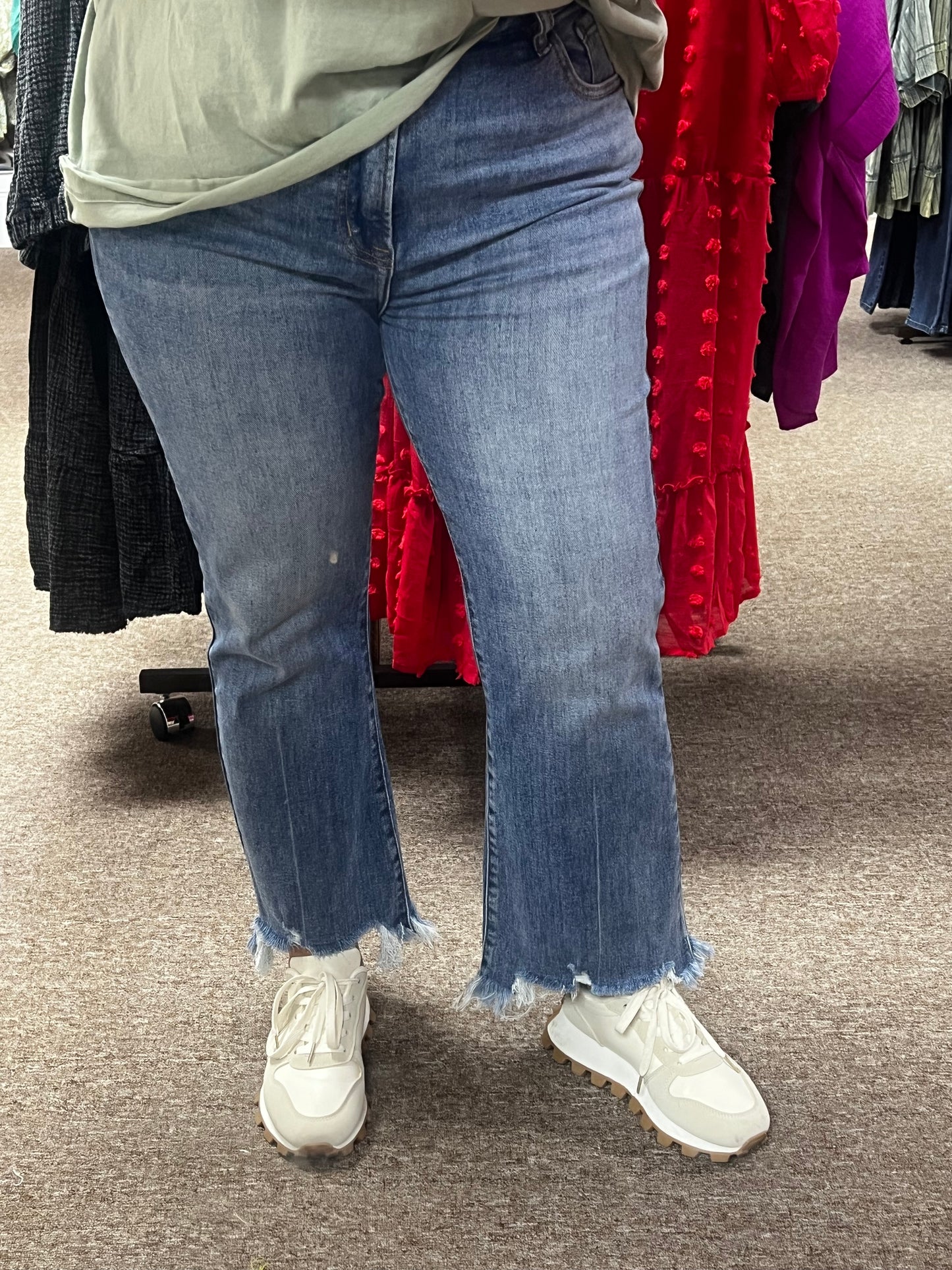 High Rise Crop Flare Frayed Hem Jeans