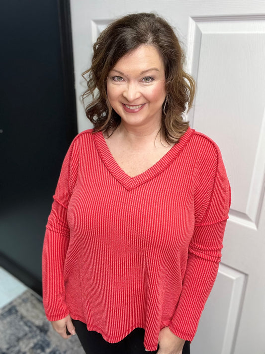 Plus Raised Rib Long Sleeve Hi-Low V-Neck Top, Ruby
