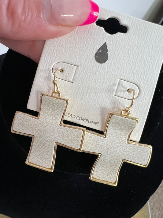 Gold Cross Earring-Fish Hook w/leather