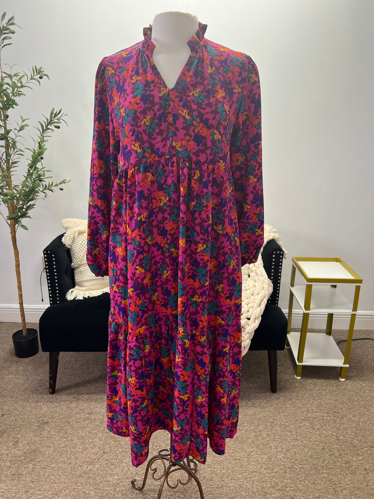Tiered Loose Fit Floral Woven Maxi Dress, Berry