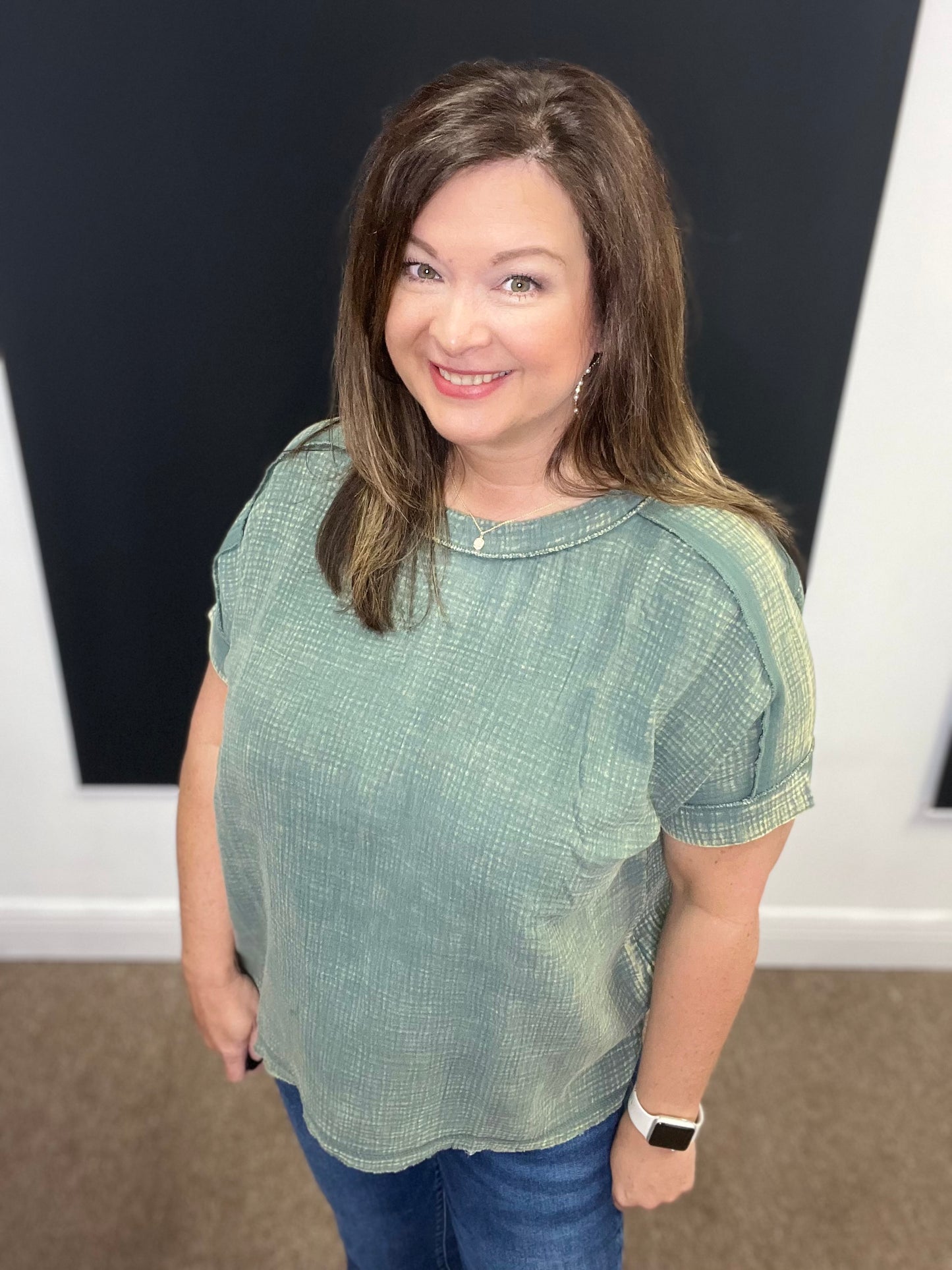 Acid Washed Double Gauze Round Neck Top, Ash Jade