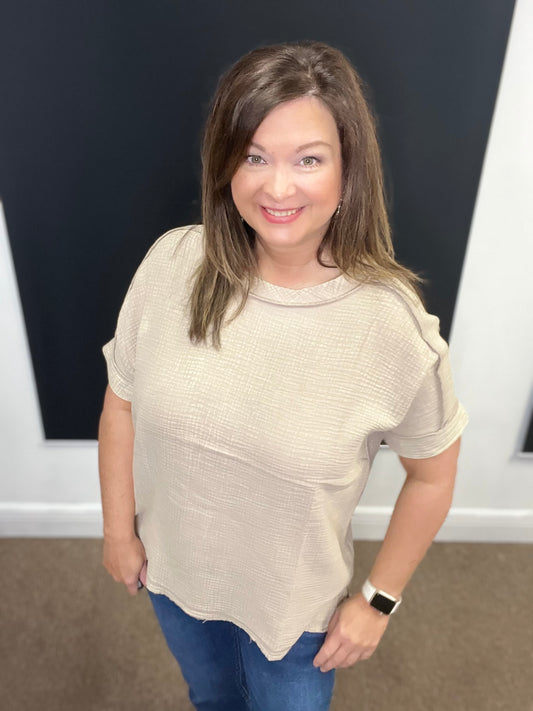 Acid Washed Double Gauze Round Neck Top, Ash Mocha