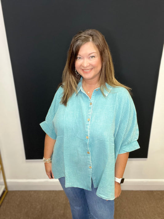 Button Down Gauze Shirt, Dusty Teal