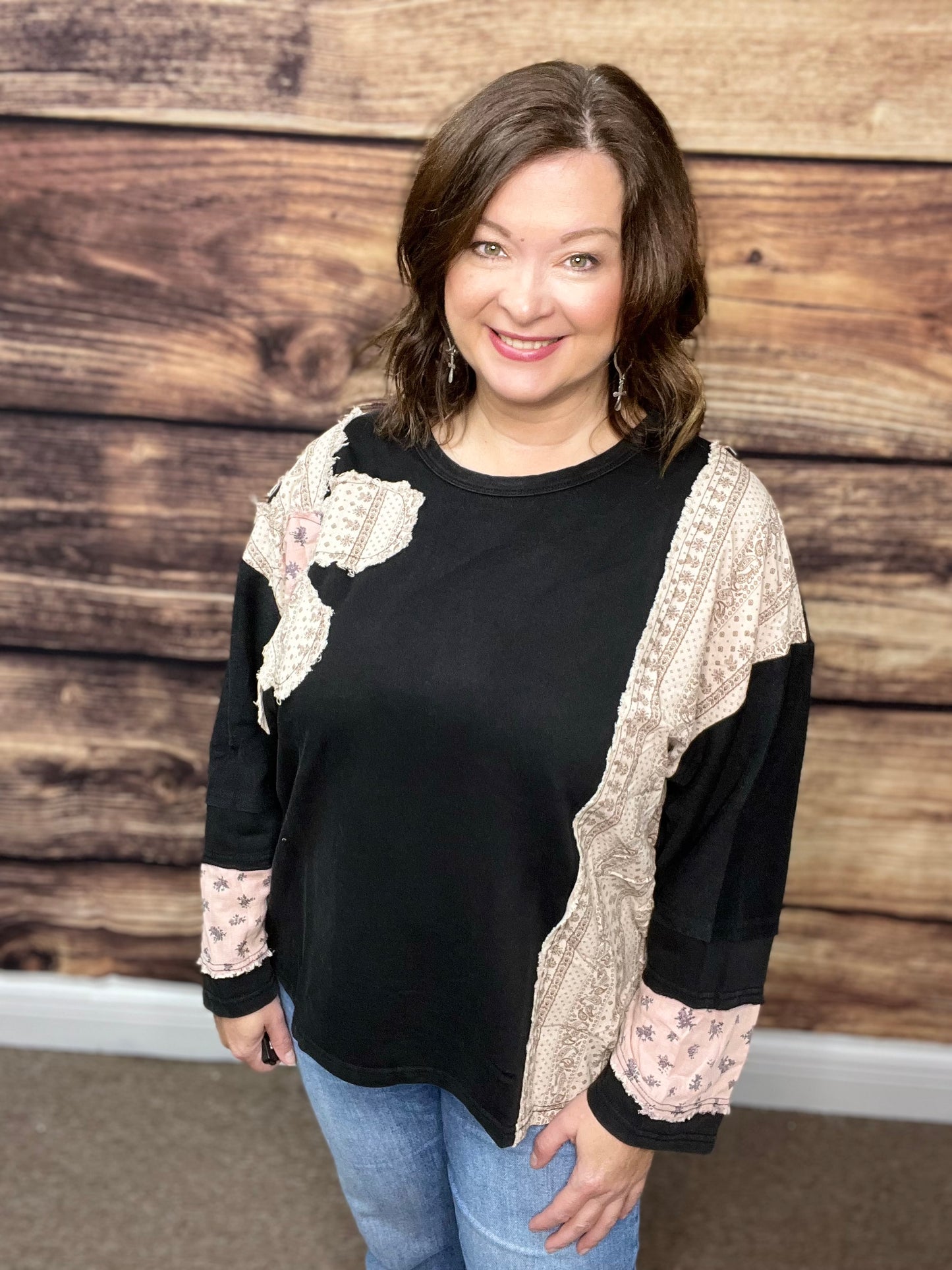 French Terry Patchwork Sleeve Pullover, Ash