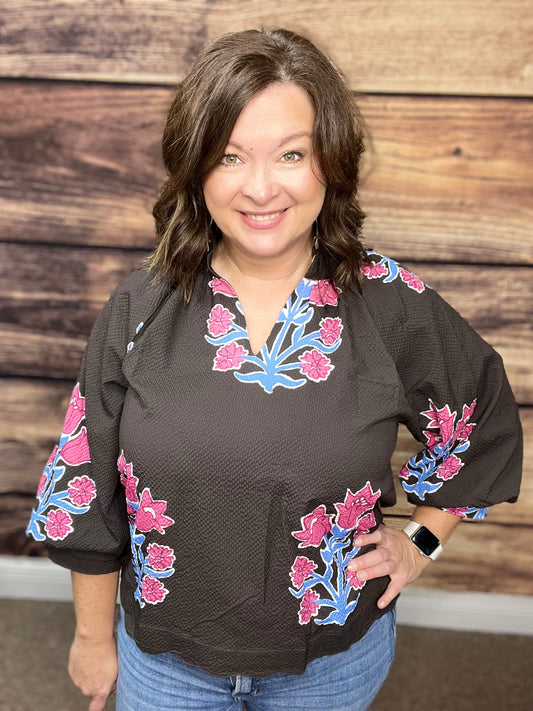 Bubble Sleeved Tulip Print Split V Neck Top, Chocolate