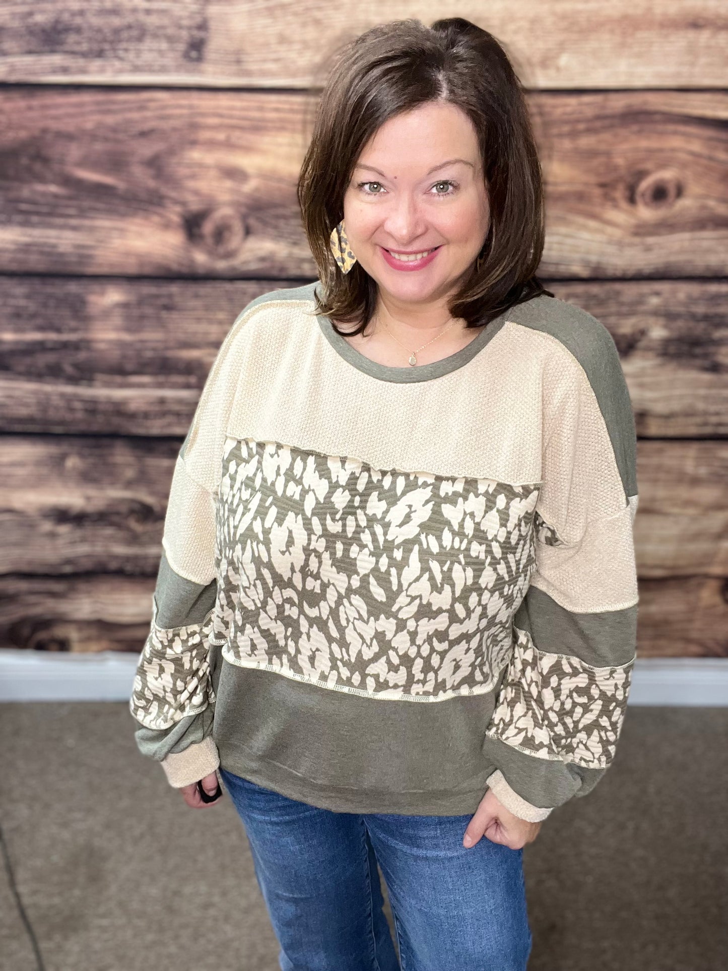 French Terry Loose Fit Pullover-Olive/Taupe