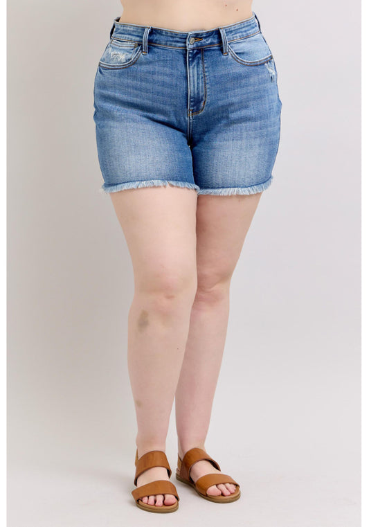 High Waist Vintage Wash Shorts with Fray Hem