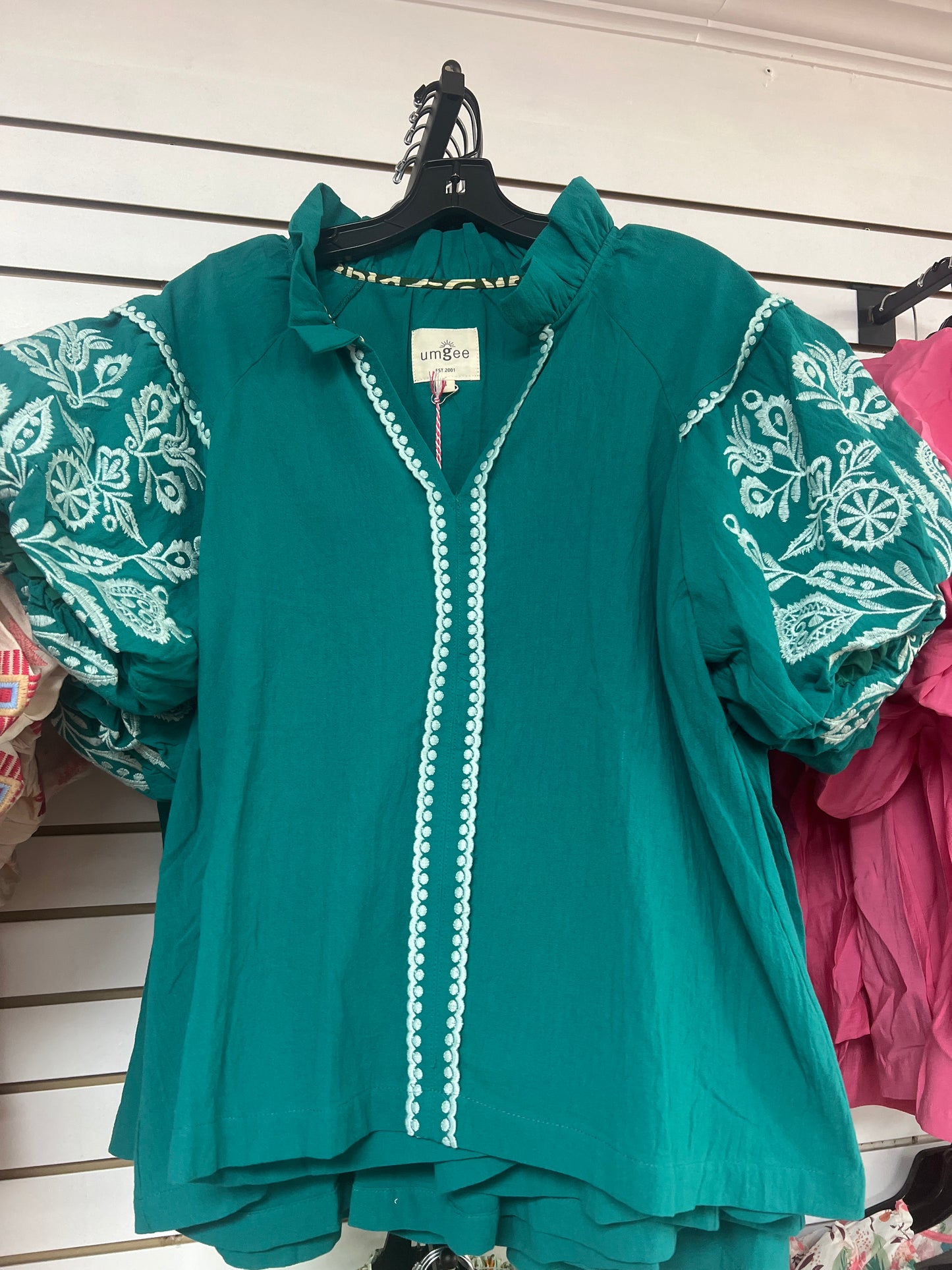 Embroidered Puff Sleeve Blouse, Jade