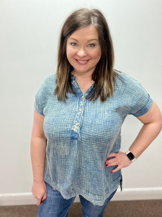 Gauze Henley Shirt, Dusty Blue