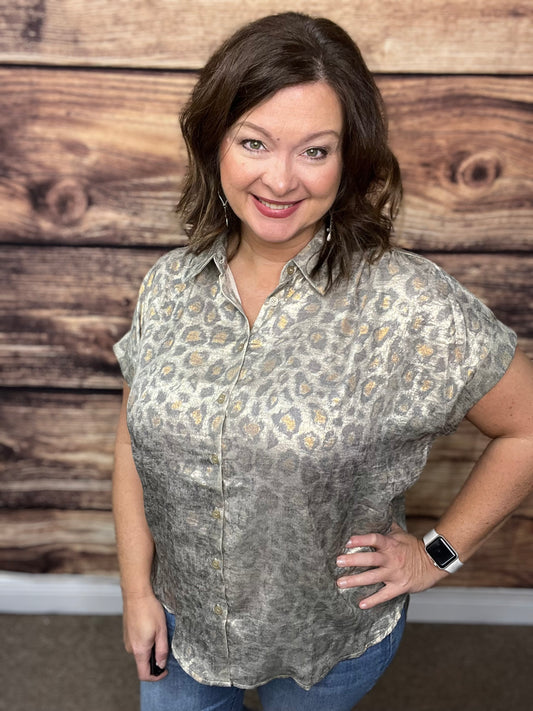 Metallic Leopard Print Top, Taupe