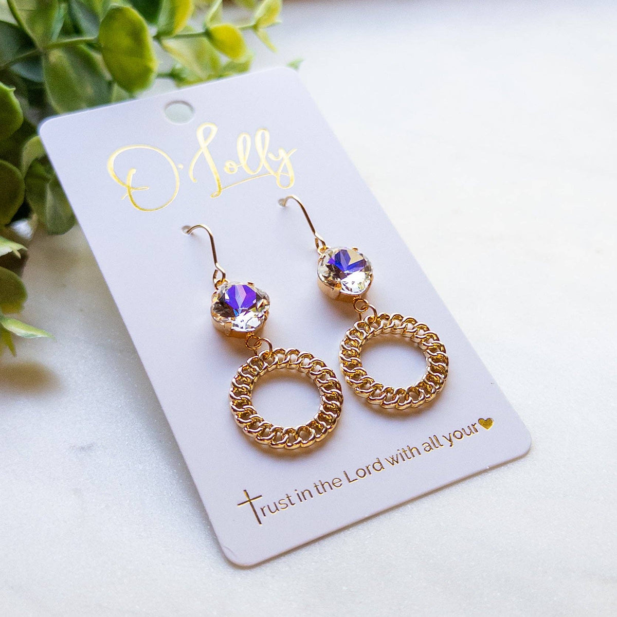 Gold Crystal & Textured Circle Dangle Earrings