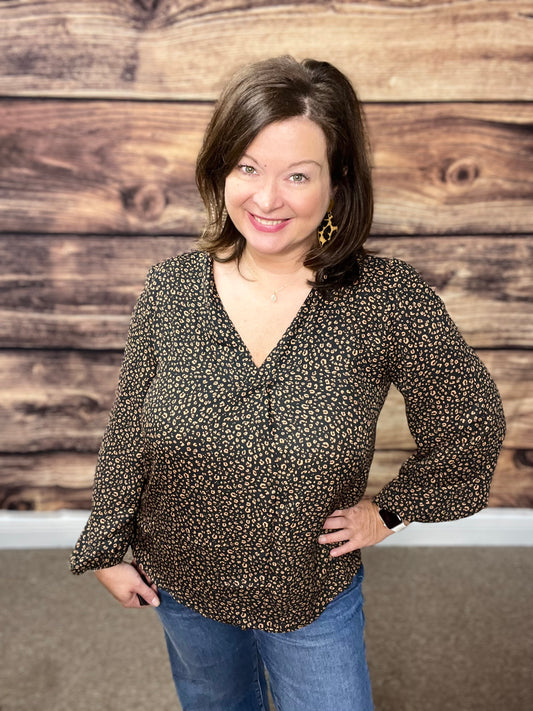 Tucked V-Neck Leopard Print Woven Blouse