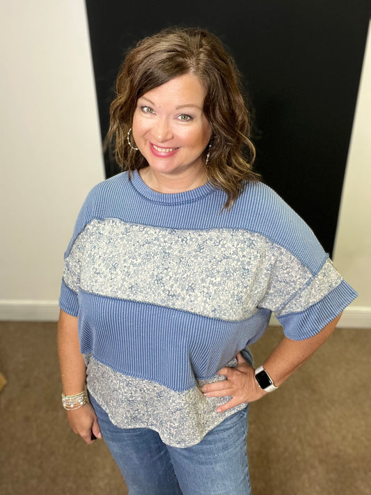 Ribbed Floral Color block Top, Vintage Denim