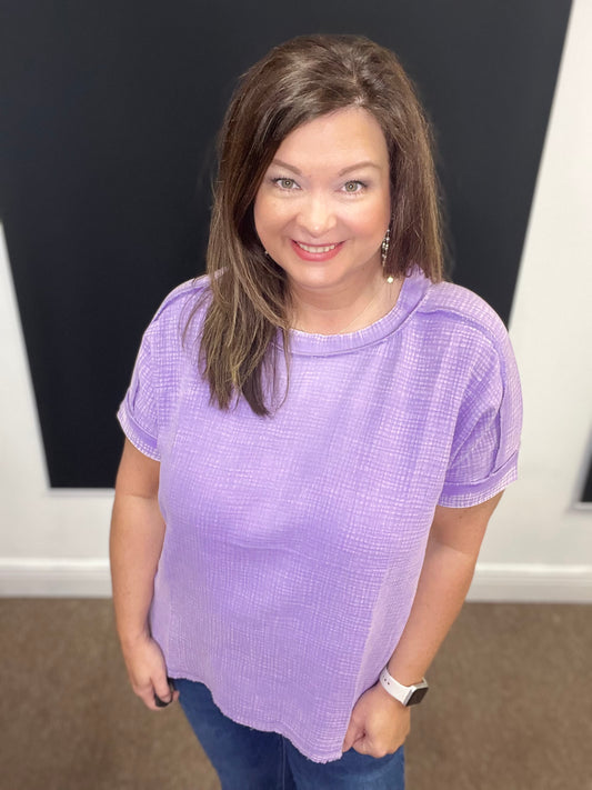 Acid Washed Double Gauze Round Neck Top, Lavender