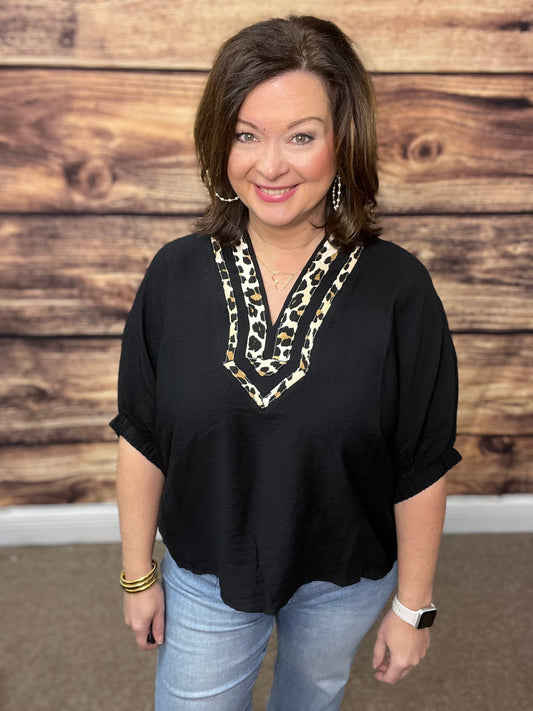 Black Top with Leopard Detail