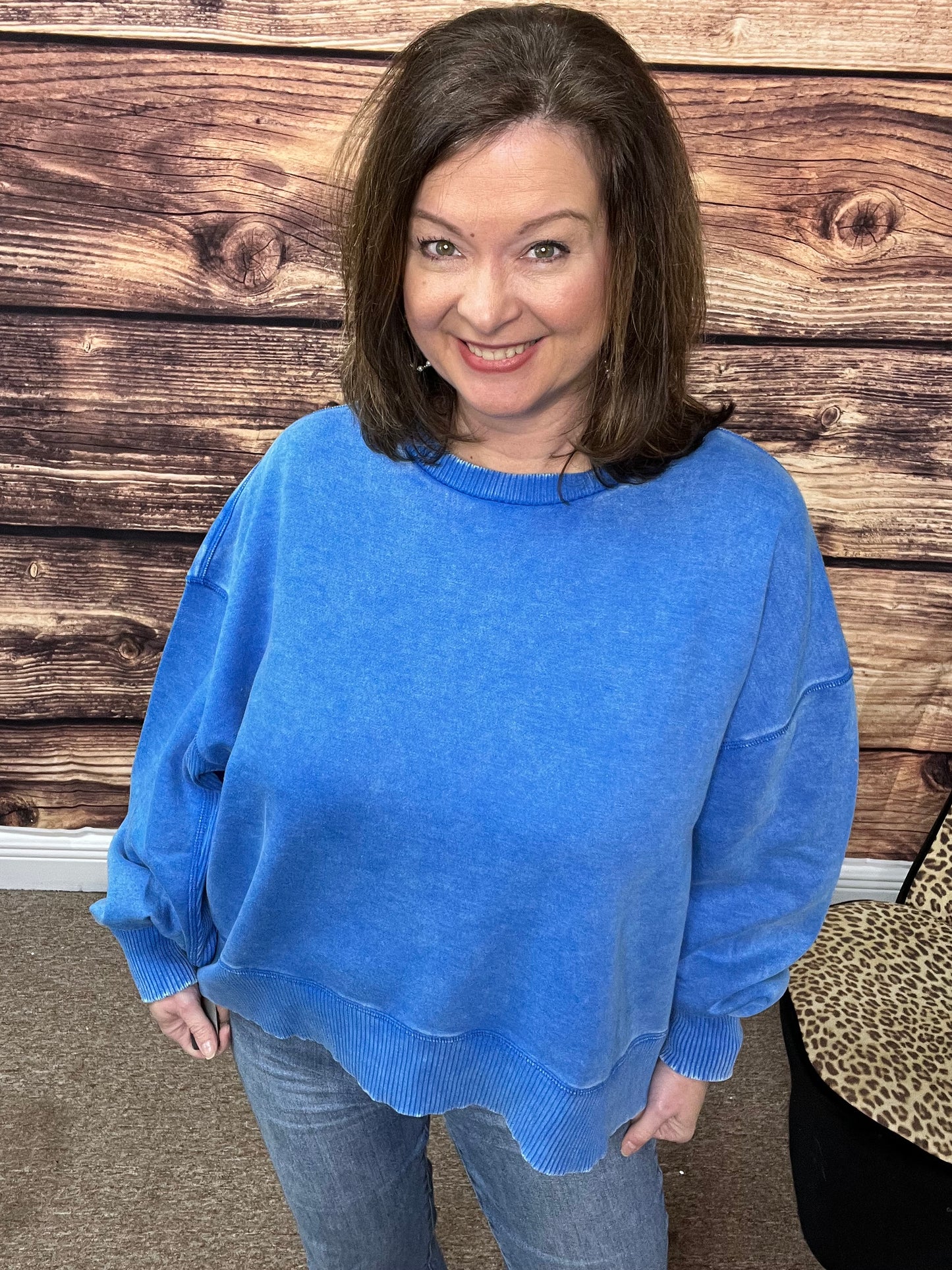 Plus Acid Wash Fleece Oversized Pullover, Ocean Blue