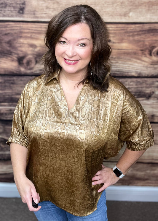 Snake Print Dolman Sleeve Top, Gold