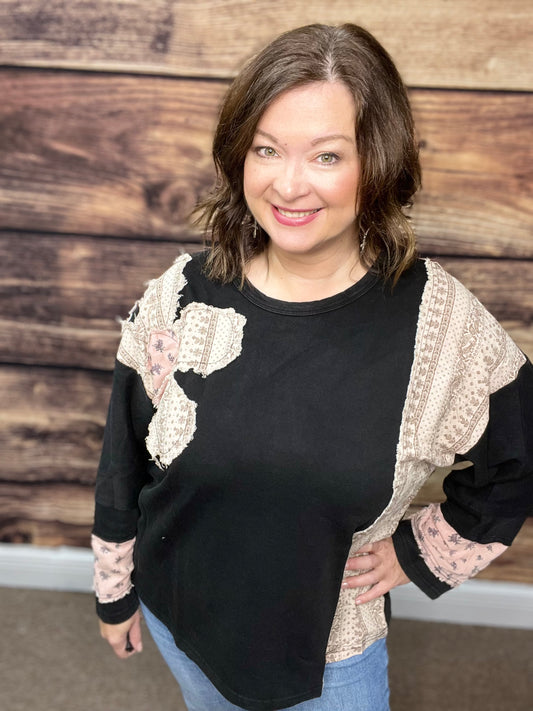 French Terry Patchwork Sleeve Pullover, Ash