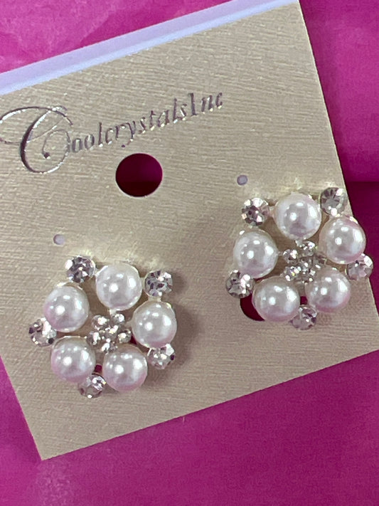 Silver Crystal & Pearl Flower Clip Earrings-30007C100