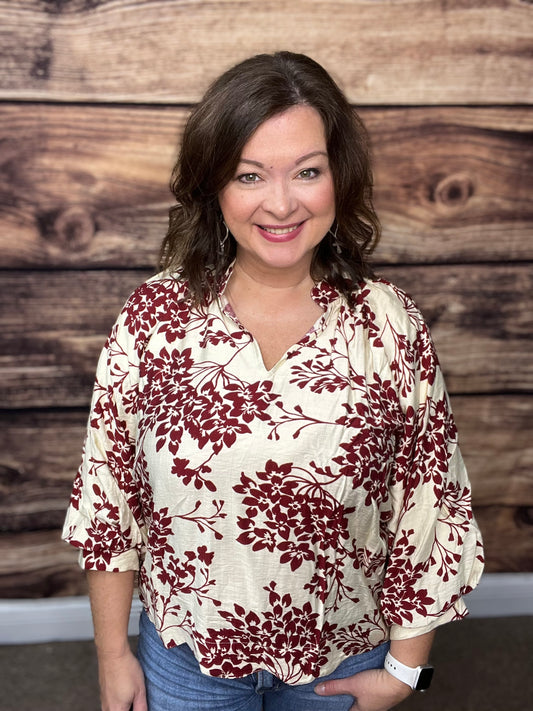 Cherry Blossom Print Scalloped Hem Blouse, Garnet