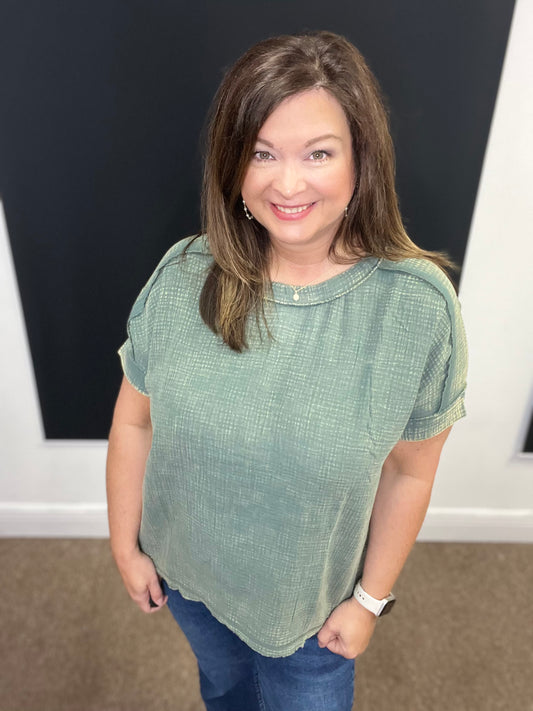 Acid Washed Double Gauze Round Neck Top, Ash Jade
