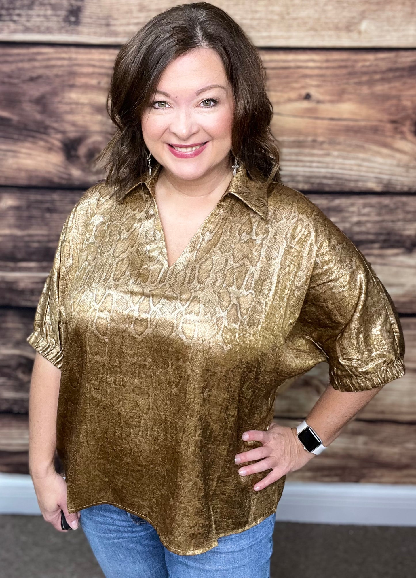Snake Print Dolman Sleeve Top, Gold