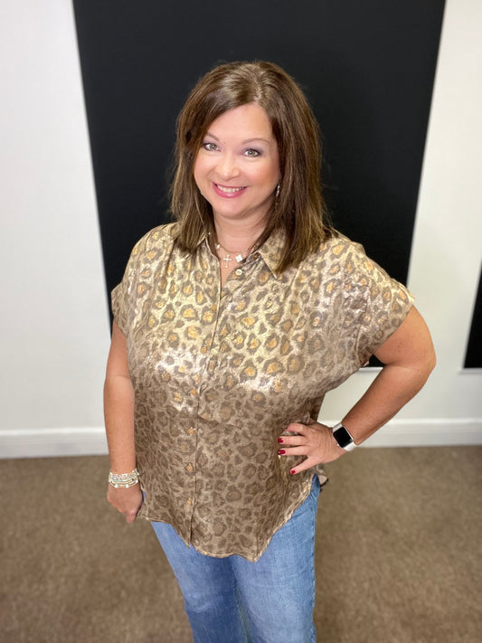 Metallic Leopard Print Top, Toffee