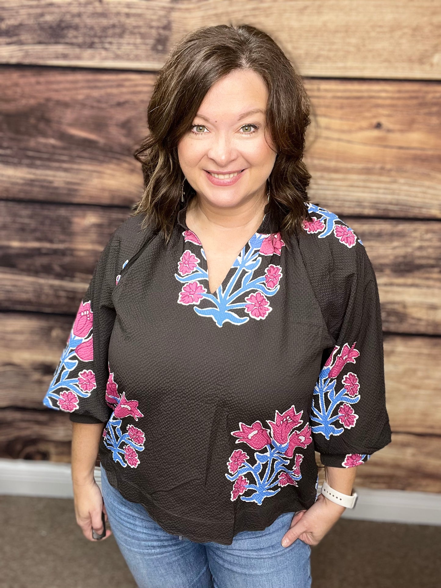 Bubble Sleeved Tulip Print Split V Neck Top, Chocolate