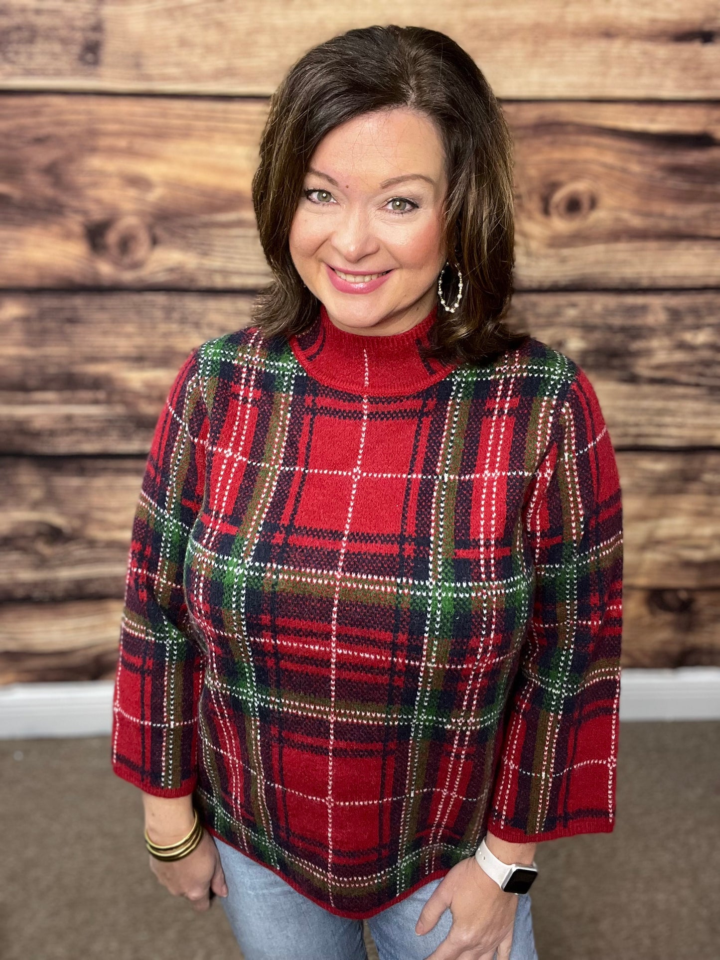 Plaid Long Sleeve Sweater, Red