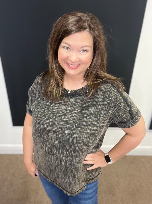 Acid Washed Double Gauze Round Neck Top, Ash Black