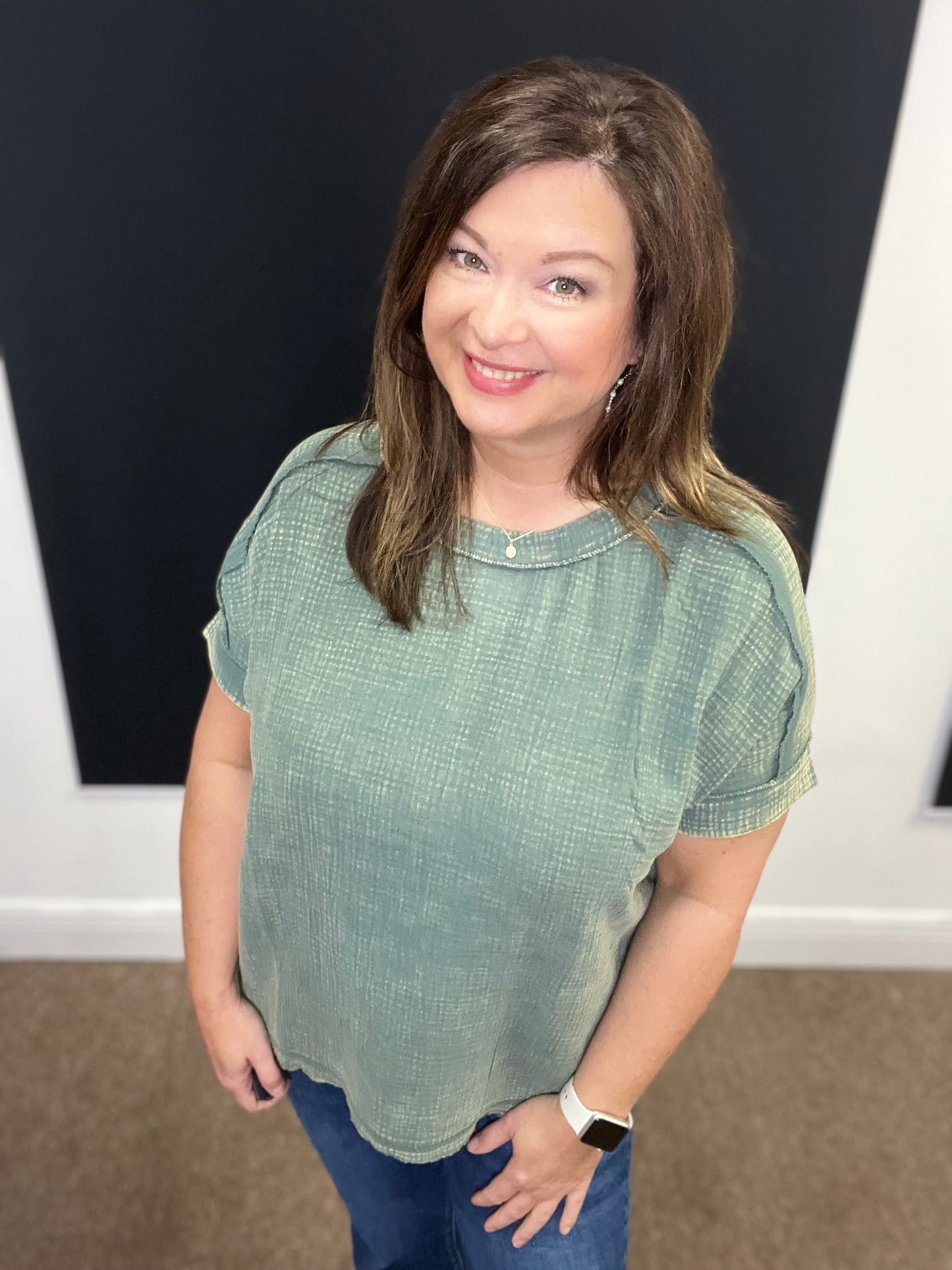 Acid Washed Double Gauze Round Neck Top, Ash Jade