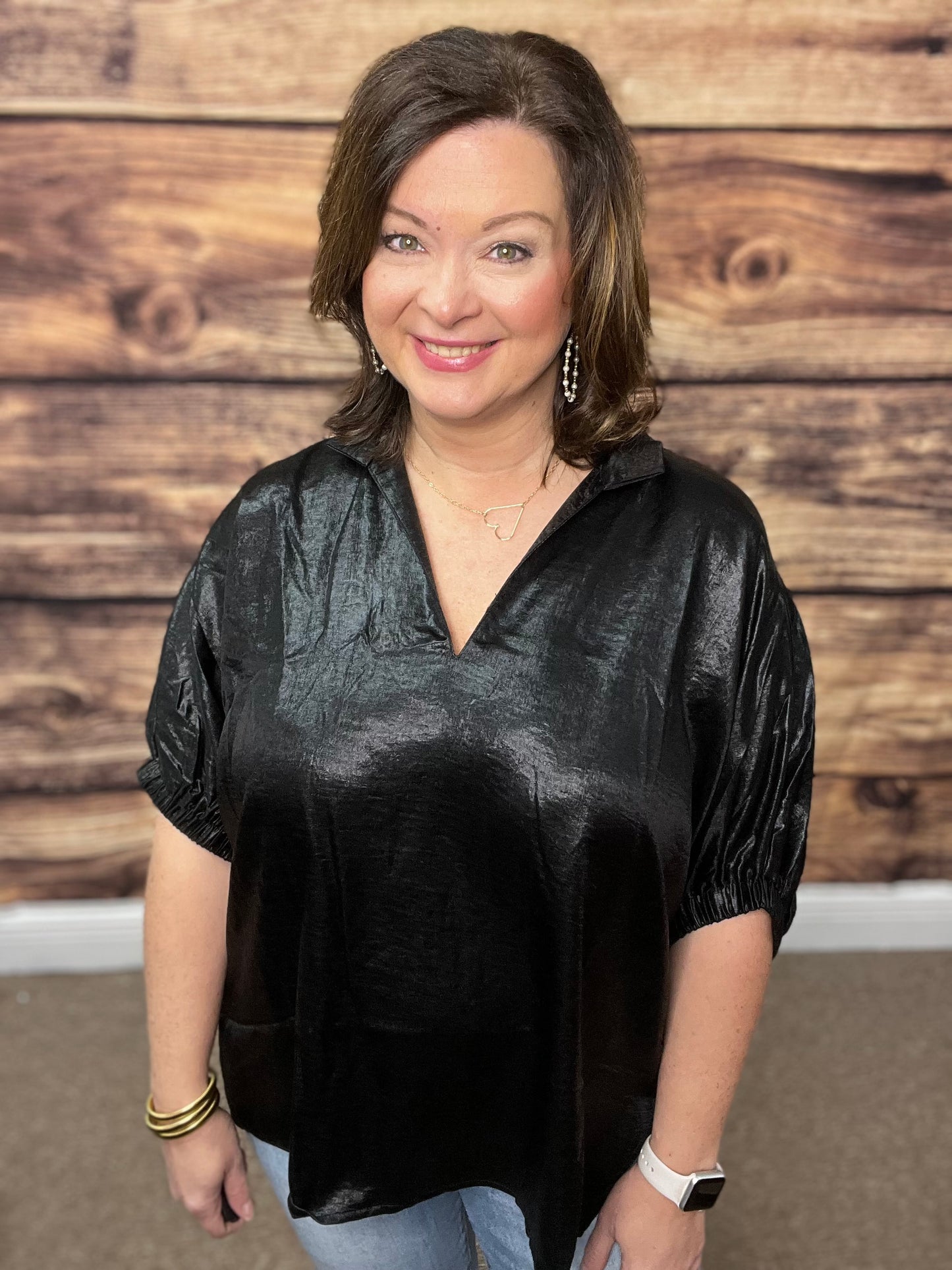 Metallic V-band Dolman Sleeve Top-Black