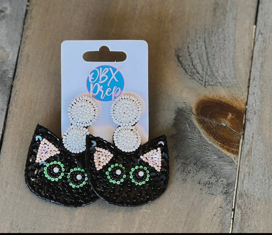 Black Cat Seed Beaded Earrings
