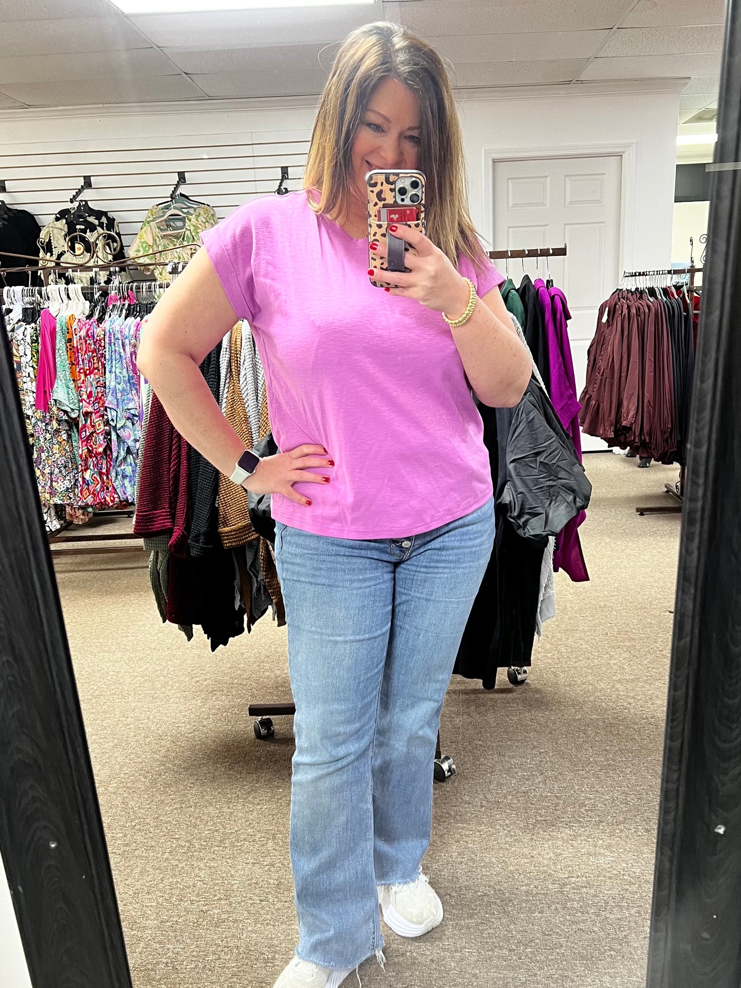 Cotton Rolled Sleeve Tee, Bright Mauve