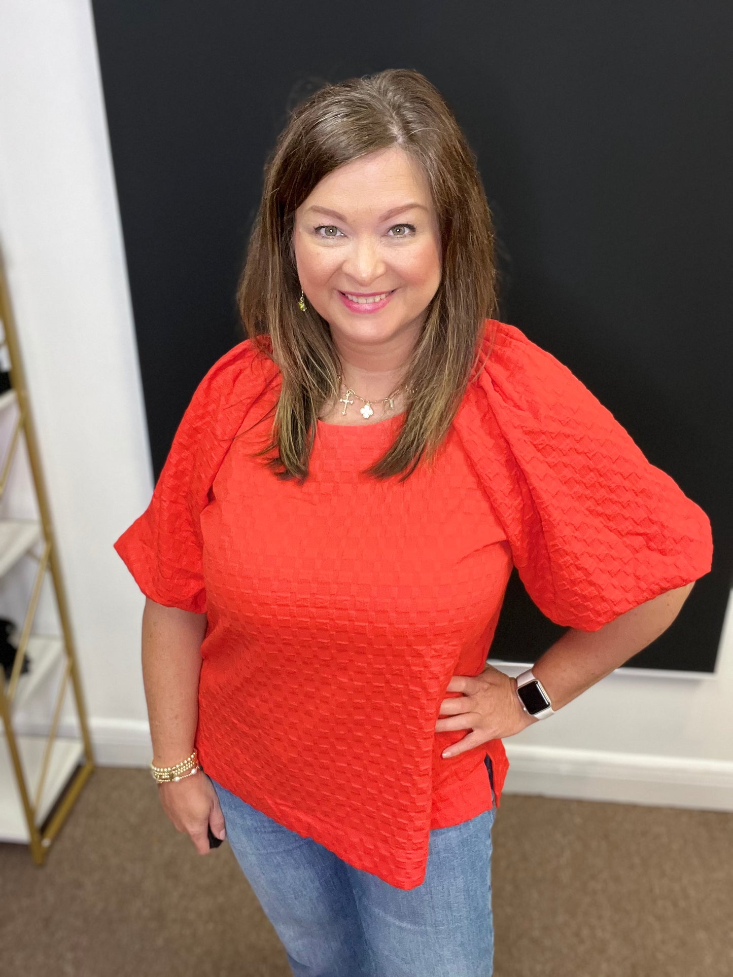 Jacquard Round Neck Top, Red