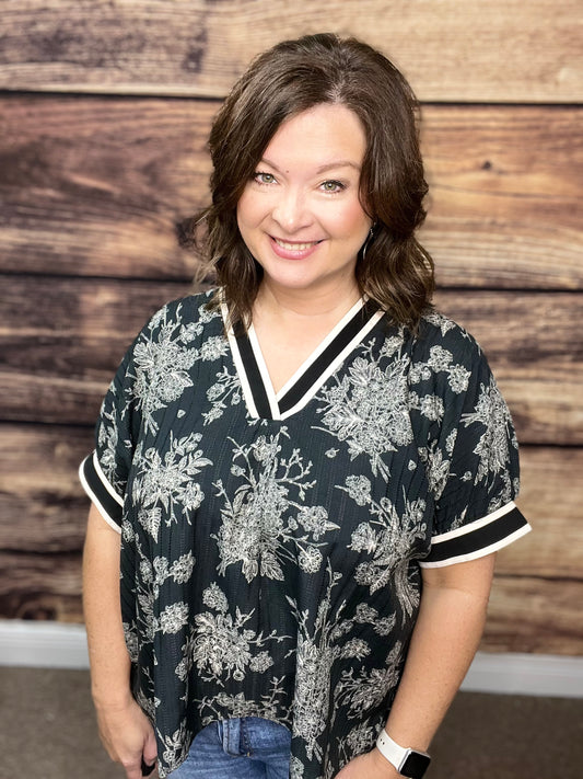 Floral Print Oversized Blouse, Black