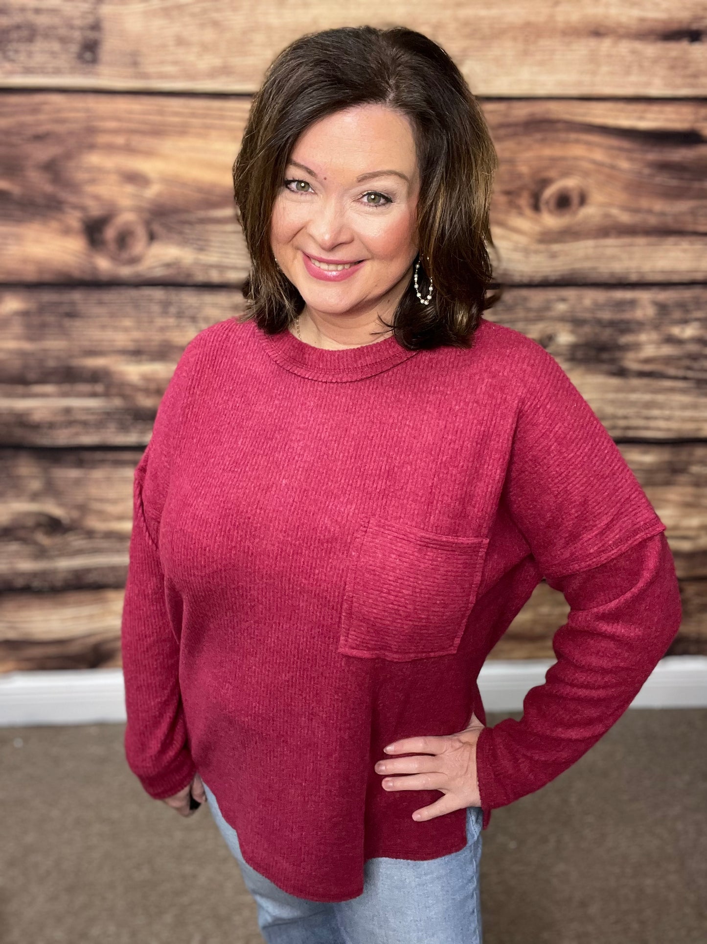 Ribbed Brush Melange Hacci Sweater with a Pocket, Cabernet