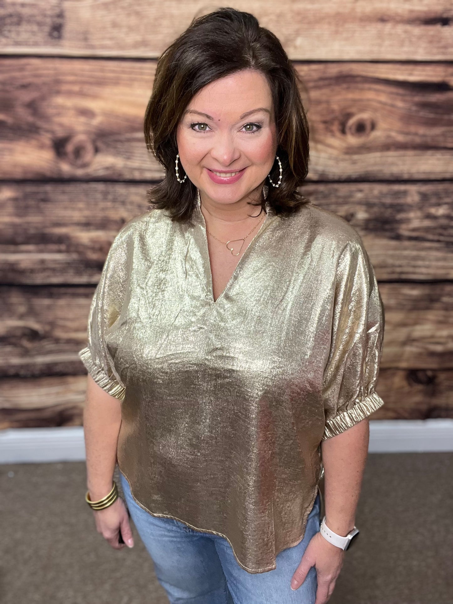 Metallic V-band dolman sleeve top-Gold