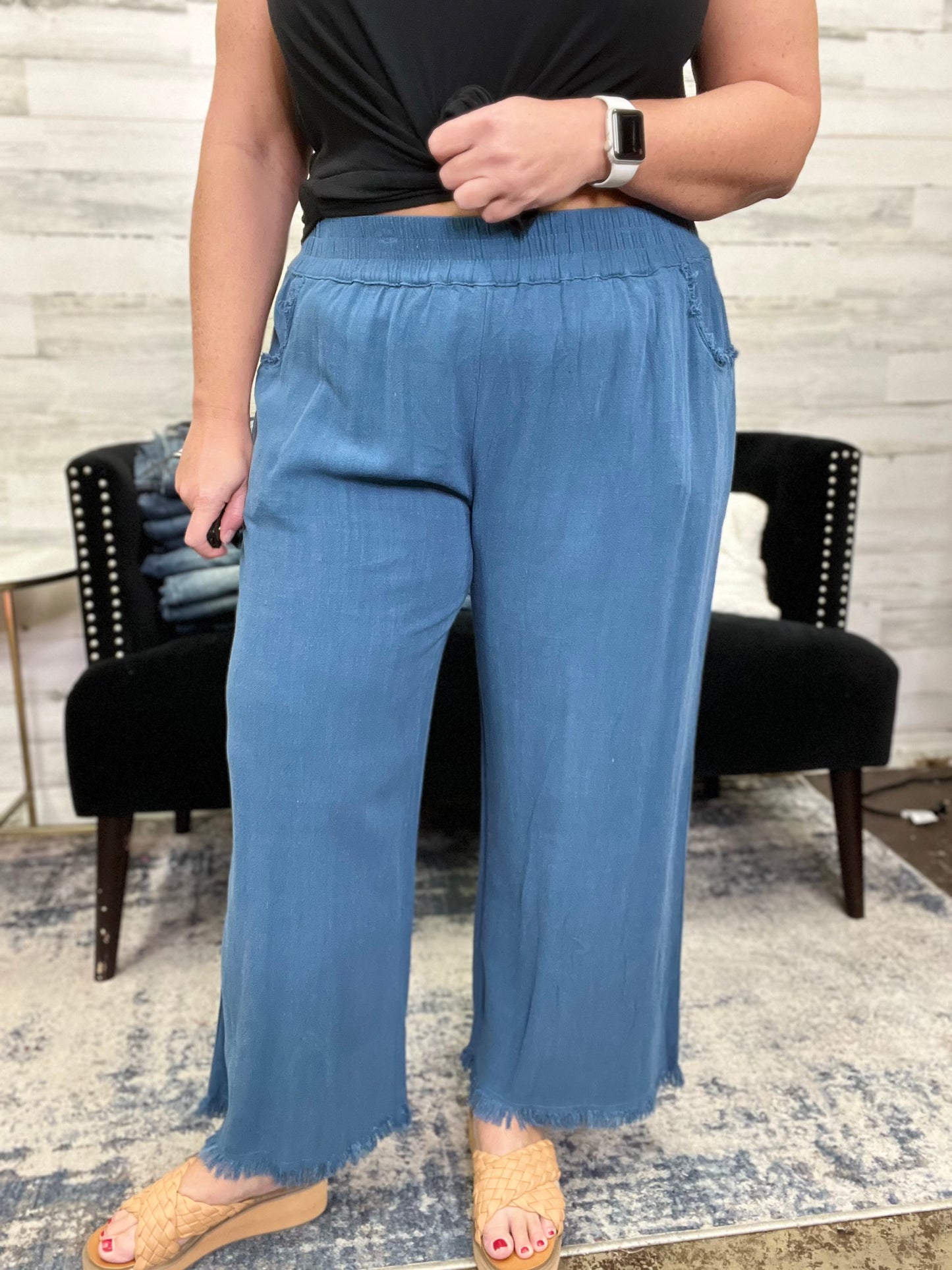 Wide Leg Linen Pants, Blue