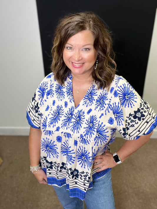 Mixed Border Print Top, Blue